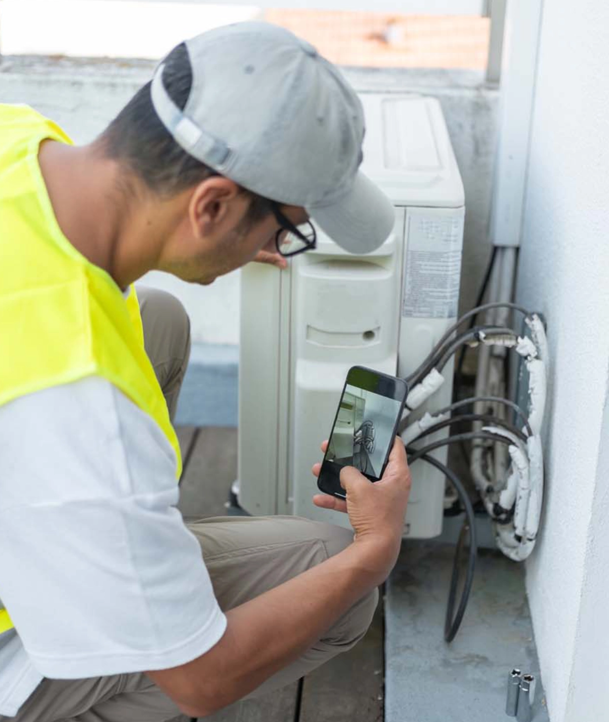 Facility Management Mitarbeiter fotografiert Defekt an Klimaanlage